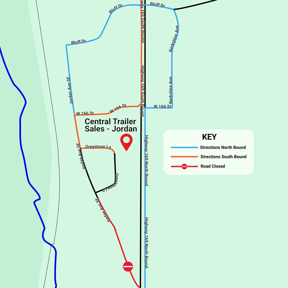 Map of extra driving directions to Central Trailer Sales Jordan, MN showing the 166th Street turn from Highway 169 in both directions